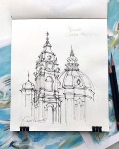 a drawing of a church with two towers