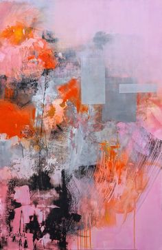 an abstract painting with pink, grey and orange colors