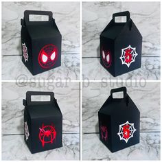 four different views of a spiderman treat box