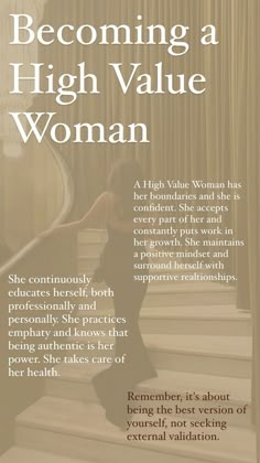 a woman is walking up some stairs with her hand on the steps and text that reads becoming a high value woman