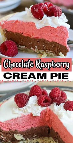 raspberry chocolate ice cream pie on a plate