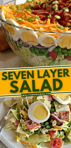 a salad with an egg on top and the words seven layer salad above it