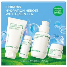 Green Tea hydration to the rescue! This set packs all the barrier-boosting, hyaluronic acid-infused skin essentials: cleanser, toner, serum & cream.Skin Type: Normal, Dry, Combination, and OilySkincare Concerns: Dryness, Dullness, and Uneven TextureHighlighted Ingredients:- Green Tea Water and Nanocapsulized Hyaluronic Acid (Green Tea Hyaluronic Acid Hydrating Serum): Deliver higher levels of hydration than hyaluronic acid alone.- Green Tea-Derived Enzyme (Green Tea Enzyme PHA Toner): Gently exf Pha Toner, Innisfree Green Tea, Cosmetic Packaging Design, Serum Cream, Skin Essentials, Hyaluronic Acid Serum, Hydrating Serum, How To Exfoliate Skin, To The Rescue