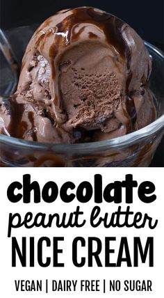 chocolate peanut butter ice cream in a glass bowl with text overlay that reads, chocolate peanut butter ice cream vegan dairy free no sugar