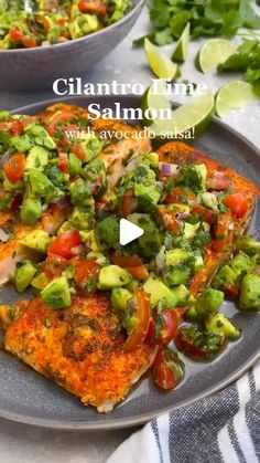 salmon with avocado salsa on a plate