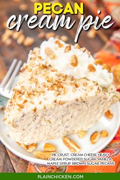 a piece of pecan cream pie on a white plate