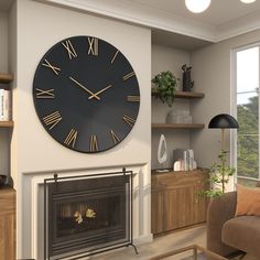 a large clock mounted to the side of a wall above a fireplace in a living room