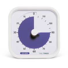 a white and blue clock with the time on it's face is shown in front of a white background