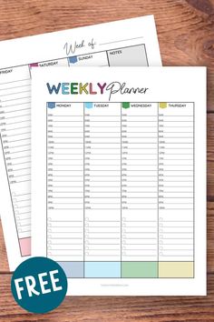 the printable weekly planner is on top of a wooden table