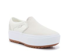 Vans Asher Platform Slip-On Sneaker - Women's Sporty White Slip-ons With Contrast Sole, Sporty Platform Slip-on Sneakers For Streetwear, Casual White Slip-ons With Contrast Sole, Sporty Slip-ons With Gum Sole And Round Toe, Spring Vans Casual Sneakers, Sporty Slip-ons For Streetwear In Spring, Slip-on Platform Sneakers, Sporty Spring Slip-ons For Streetwear, Vans Casual Platform Sneakers With Vulcanized Sole