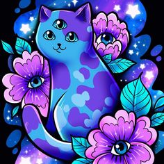 a blue cat with purple flowers and stars in the background, on a black background