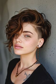 Pixie Bob For Thinning Hair, Side Shaved Short Hair, Asymmetrical Short Hair Styles, Long Curly Hair Shaved Side, Womens Shaved Sides Haircut Short, Pixie With Side Shave, Shaved Side Bob, Long Pixie Haircut For Thick Hair, Shaved Hair Styles