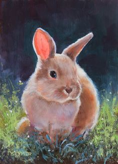 a painting of a rabbit sitting in the grass with an orange ear on it's head