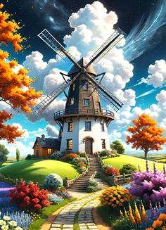 a painting of a windmill in the middle of a field with trees and flowers around it