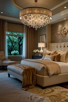 a large bed sitting in a bedroom next to a chandelier above a window