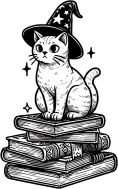 a black and white drawing of a cat wearing a witches hat sitting on top of books