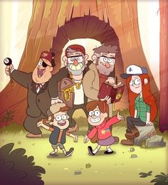 an animated family standing in front of a tree