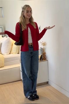 Look Legging, Skandinavian Fashion, Uni Outfits, Outfit Inspo Casual, Looks Party, Trendy Fall Outfits, Looks Street Style, Red Cardigan