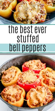 stuffed bell peppers in a skillet with text overlay