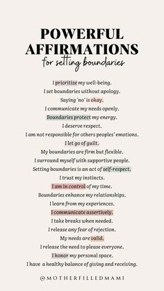 a poster with the words powerful affirmations for telling boundaries