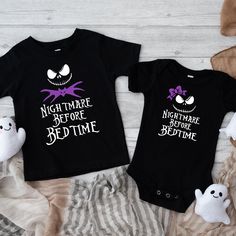 This adorable graphic outfit for the “Nightmare Before Christmas” enthusiast, is a very popular item for girls and boys. These can be customized in your choice of vinyl color as shown. Garments come only in Black & White. Onesies® & T-Shirts come in a variety of sizes of your choice. We use high quality, soft flex vinyl which not only creates a sharp, vivid graphic but will never look "faded" or “washed out” like some inks commonly do. Processing time is 2-4 days, delivery will depend on your ch Fun Short Sleeve Bedtime Tops, Short Sleeve Tops With Letter Print For Bedtime, Black Family Matching T-shirt For Playtime, Nightmare Before Christmas Onesie, Black Cotton Bedtime Top, Jack Skellington Onesie, Disney Halloween Movies, Jack Skellington Maternity Shirt, Nightmare Before Christmas Crib Bedding