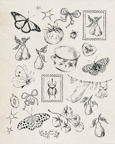 an old fashioned drawing of fruit and vegetables on a sheet of paper with butterflies flying above it