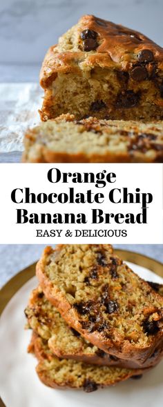 orange chocolate chip banana bread on a plate