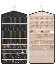 two large and small jewelry racks with earring hooks on them, one is open and the other has several pairs of earrings in it