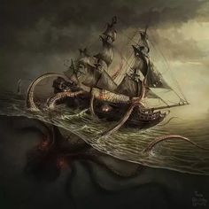 an octopus attacking a pirate ship in the ocean with it's tentacles stretched out