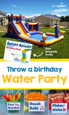 an inflatable birthday party with water slides and fruit