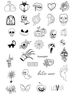 various halloween stickers are shown in this black and white photo, with the word love written