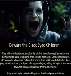 a child with his mouth open and hands in front of him, saying beware the black eyed children