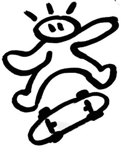 a black and white drawing of a person with a skateboard in the air,