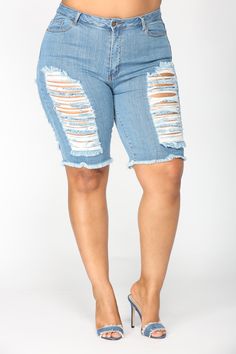 Available In Medium Blue Wash Stretch Denim High Rise 5 Pockets Bermuda Distressed 10.25 Rise 10" Inseam Disclaimer: Due To The Specialized Wash & Distressing Process. Each Garment Is Unique. 97% Cotton 3% Spandex Imported Denim Style Casual, Ripped Denim Shorts, Ribbed Mini Dress, Ripped Denim, Denim Shorts Women, Womens Loungewear, Rompers Women, Medium Blue, Denim Fashion