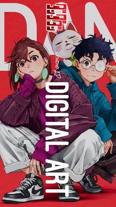 two anime characters sitting next to each other on a red background with the words digital art