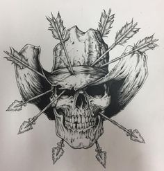 a drawing of a skull wearing a hat with arrows