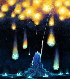 a painting of a girl reaching for stars in the sky with a string attached to her hand