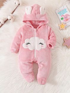 Newborn Baby Girl Cute Cloud Pattern Applique Hooded Zip-Up Warm Flannel Romper, Fall/Winter Baby Pink   Long Sleeve Knitted Fabric Animal,Cartoon Baby Sleepsuit Slight Stretch  Baby Girls Clothing, size features are:Bust: ,Length: ,Sleeve Length: Romper Fall, Cute Cloud, Cloud Pattern, Clouds Pattern, Newborn Baby Girl, Baby Pajamas, Animal Cartoon