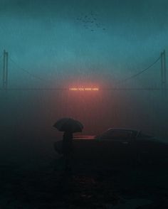 a person holding an umbrella standing in the rain near a car with a neon sign on it