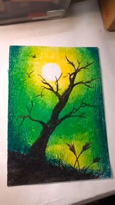 a painting of a tree in the middle of a night sky with green and yellow colors