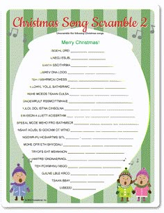 a christmas song scramble sheet with two children singing in front of the words merry christmas