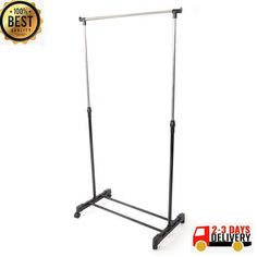 a black garment rack on wheels with the best price label for this item is $ 25