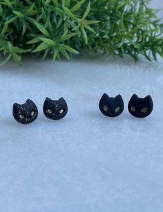 Black Cat Stud Polymer Clay Earrings Matte black, or black sparkle Approximately 13mm x 12mm Black Cat Ears Jewelry For Gifts, Black Cat Ears Jewelry As A Gift, Novelty Cat Ears Jewelry Gift, Cute Black Hypoallergenic Jewelry, Cute Black Pierced Jewelry, Cute Black Cat Design Earrings, Adjustable Cat Ears Earrings For Gift, Adjustable Cat Ears Earrings As Gift, Hypoallergenic Cat Ears Earrings For Gift