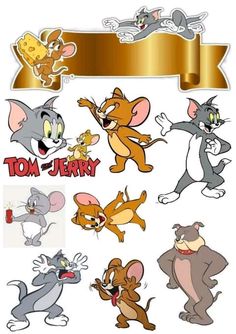 various cartoon characters are shown with a banner in the background and an image of tom - jerry