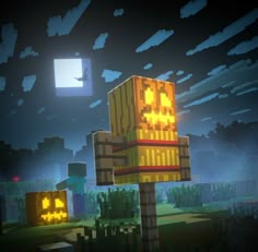 an image of a minecraft game with pumpkins on the sign and sky in the background