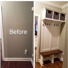 before and after pictures of a mudroom with built - in storage cabinets, bench and coat rack