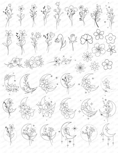 some flowers and moon designs on a white background