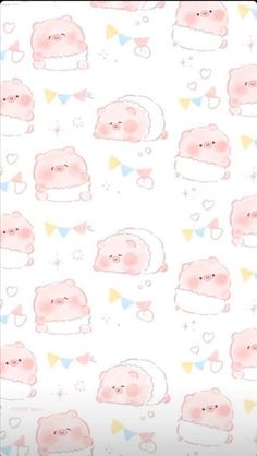 a pink and white wallpaper with cartoon animals on it