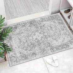 a large rug with an ornate design on the floor in front of a potted plant