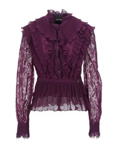 crepe, logo, pleated, basic solid color, front closure, button closing, long sleeves, buttoned cuffs, mandarin collar, no pockets , Color: Purple , Size: 4 Nanny Outfit, Chinese Blouse, Peplum Designs, Blouse Purple, Women Blouse, Boring Clothes, Just Cavalli, Mandarin Collar, Lace Sleeves